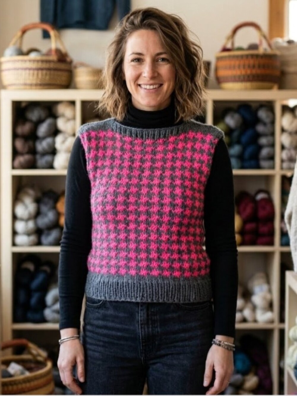 Hand Knit Acrylic Houndstooth Intarsia FITTED Sweater Vest Pink Gray S